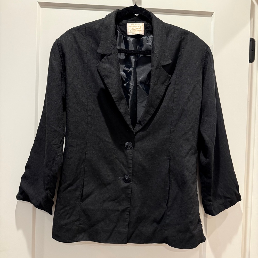 Vintage 80s Pendleton Black Linen Rayon Blazer Size 6 Made USA Minimalist